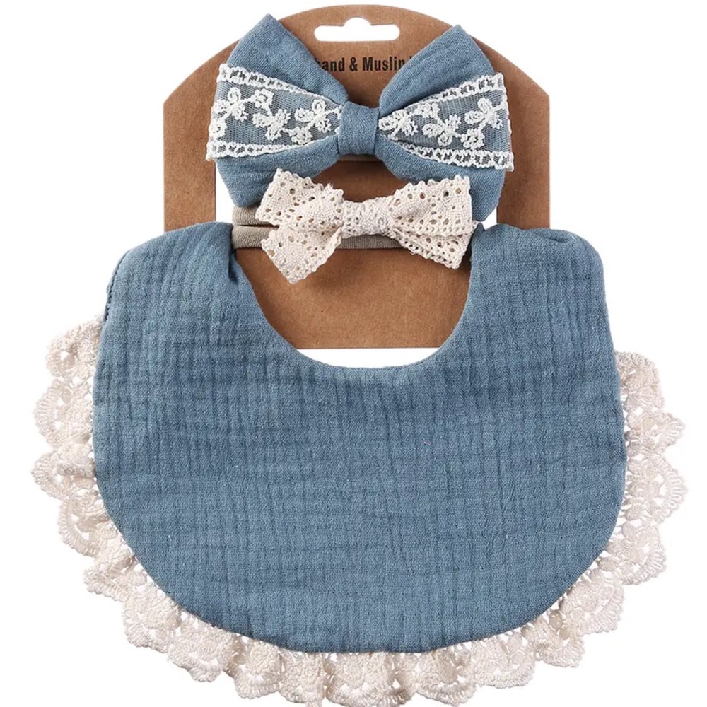 #7 TEAL MUSLIN COTTON BIB & HEADBANDS INFANT SET